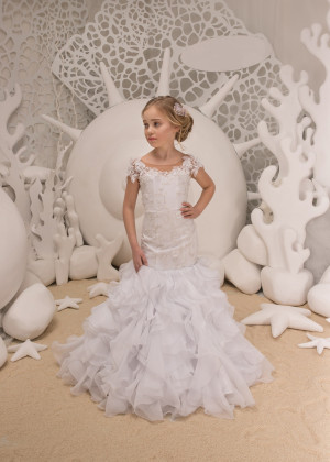 Beaded White Lace Organza Ruffled Flower Girl Dress